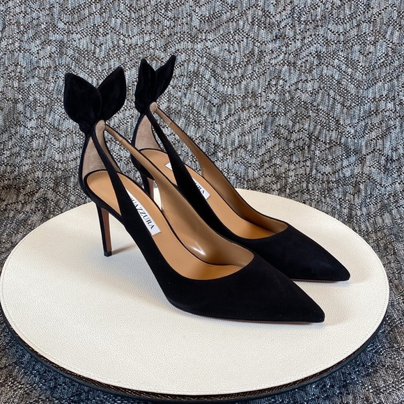 Aquazzura Bow Tie Pump 85mm Heels Black Size 37.5 - Picture 3 of 16